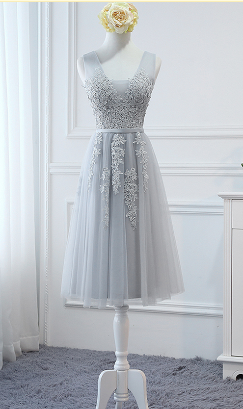 Short Tea-length Bridesmaid Dress, Tulle Bridesmaid Dress, V Back Bridesmaid Dress, Lace Bridesmaid Dress, Wedding