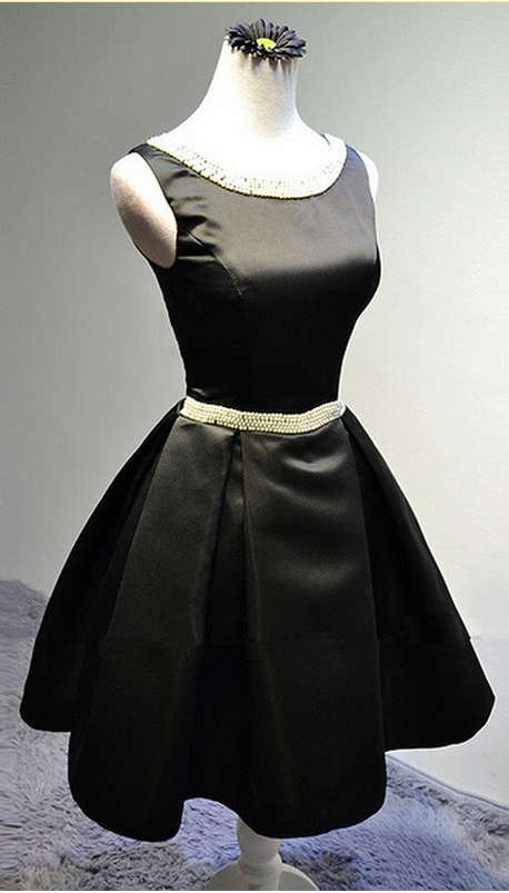 Fashion Handmade Beaded Black Evening Dress Bridesmaid Dress And Pearls, Cute Short Dresses