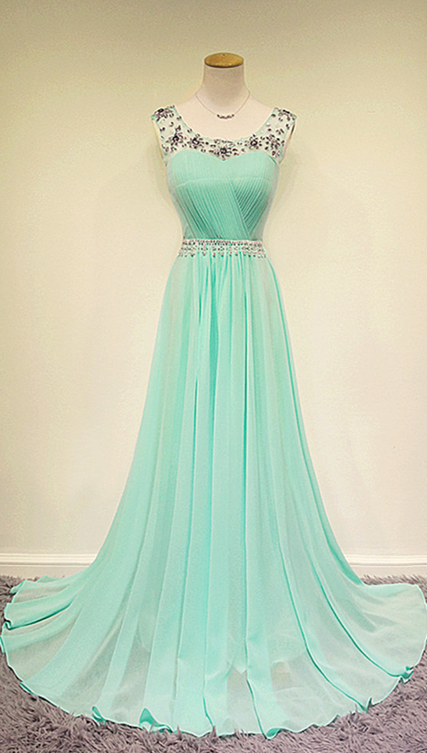 Design Custom Beaded Long Mint Chiffon Prom Dress, Mint Formal Dress, Evening Dress, Party Press, Wedding Party Dress,