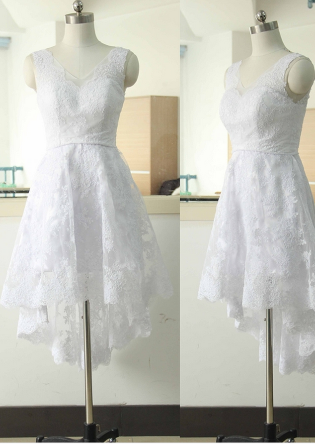 Short V-neck Lace Wedding Dress High-lower Lace Bridal Wedding Dress Floor Length Wedding Gowns Custom
