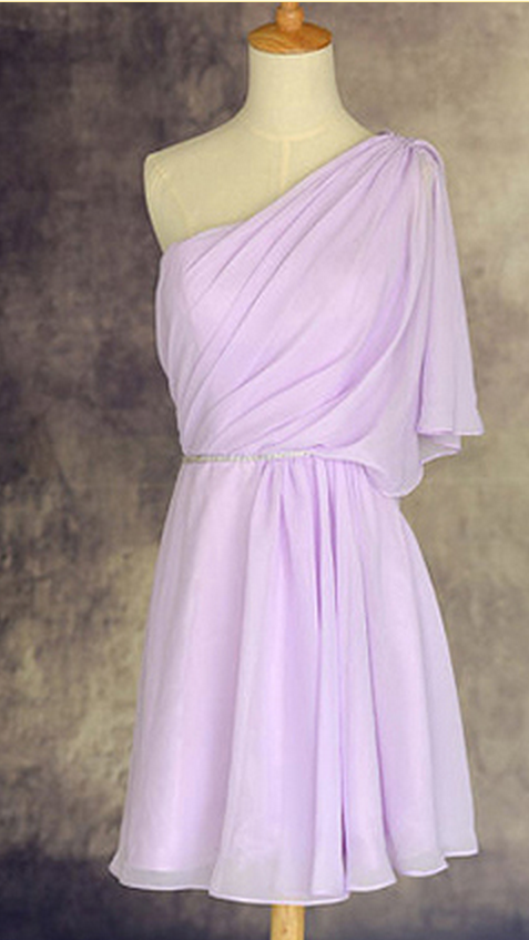 Chic Lilac Bridesmaid Dresses With Soft Pleats, One Shoulder Chiffon Bridesmaid Dresses With 1/2 Sleeves, Short Bridesmaid Dress