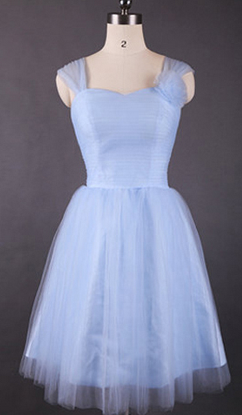 Vintage Light Sky Blue Bridesmaid Dresses, Sweetheart Bridesmaid Dress With Tulle Straps And Flowers, Retro Knee-length Bridesmaid Dresses