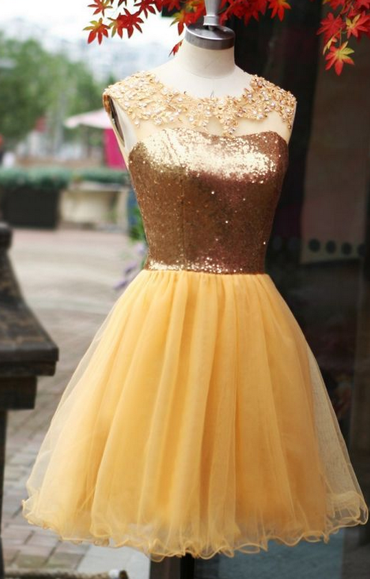 Custom Made Gold Sequin And Floral Applique Tulle Short Homecoming Dress
