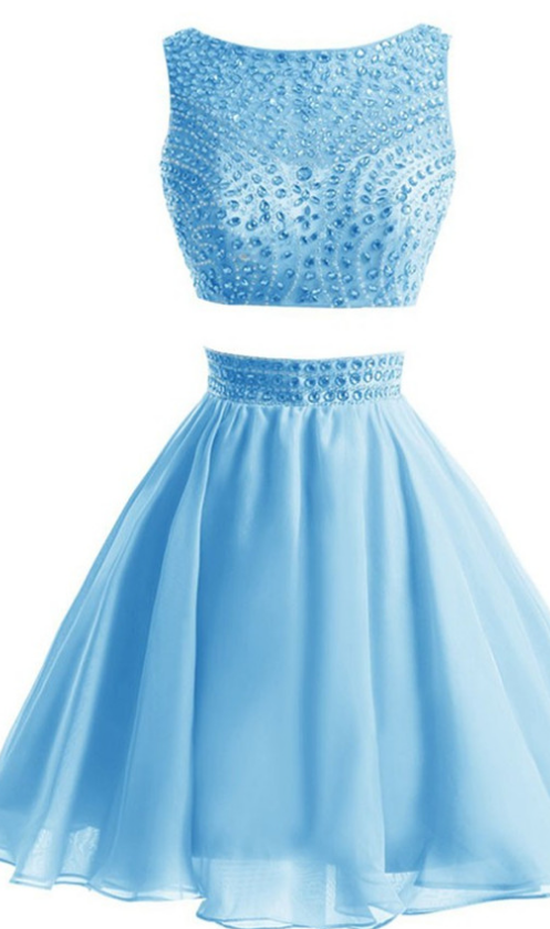 Two Piece Homecoming Dresses,scoop Short Homecoming Gown,blue Chiffon Homecoming Dress