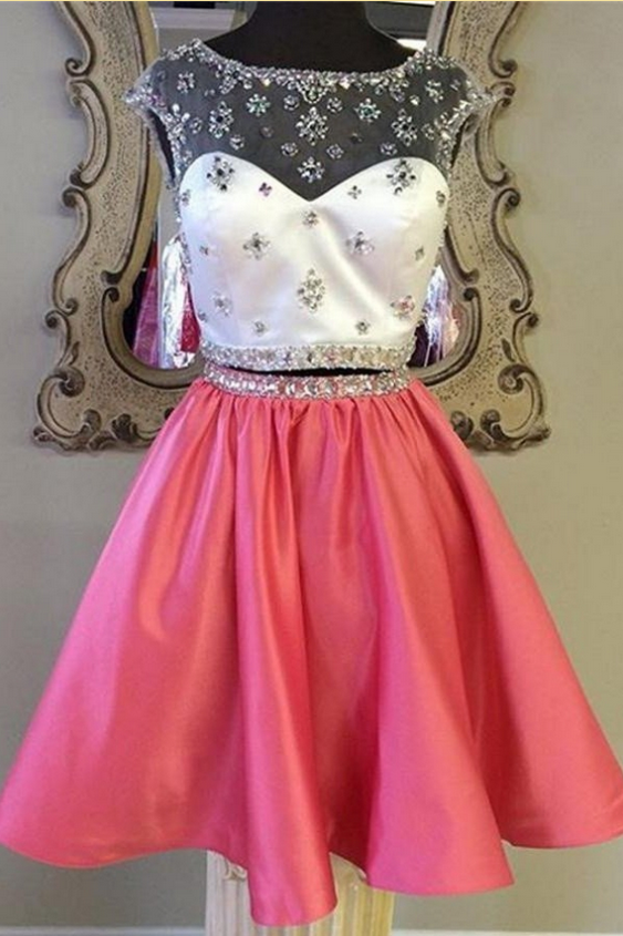 Red Satin Two Pieces Beaded Cute Girly Homecoming Dresses