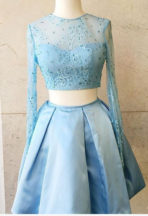 Two Pieces Homecoming Dresses,a-line Homecoming Dresses,lace Homecoming Dresses,long Sleeves