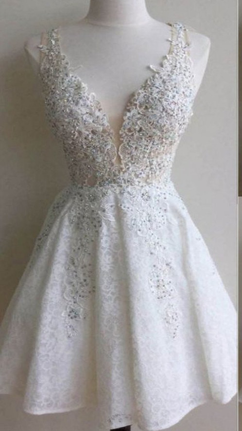 Popular White Lace Gorgeous V-neck See Through Homecoming Dresses,