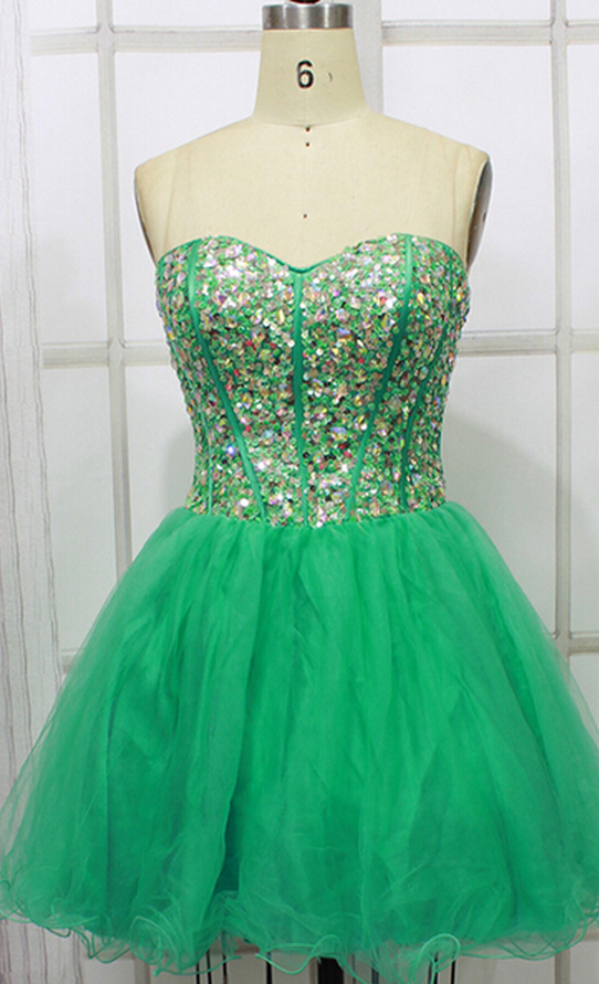 Short Green Tulle Homecoming Dresses, Sweetheart Crystals Beaded Mini Dresses