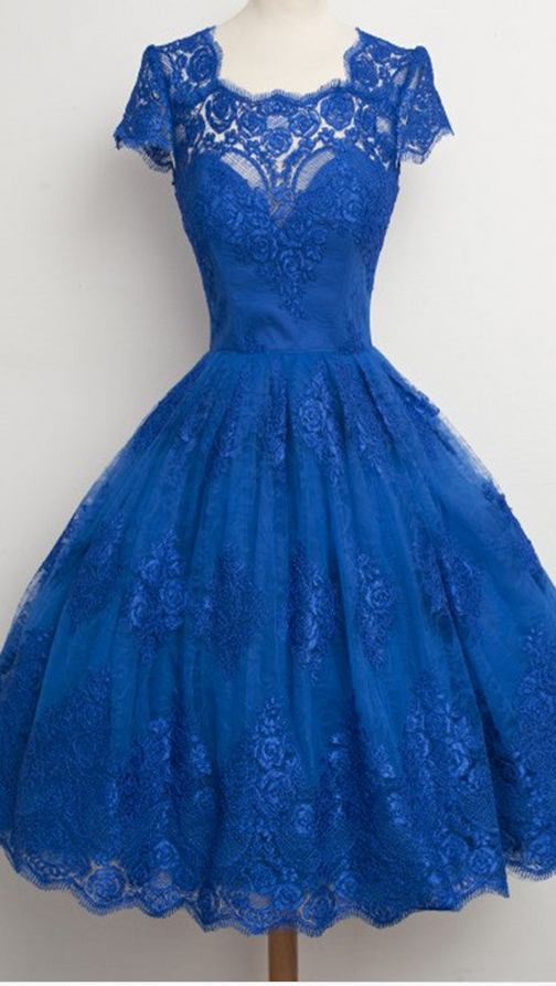 Princess Scalloped Neck Homecoming Dresses, Classic Blue Lace Knee-length Homecoming Dresses, Lace Homecoming Dresses