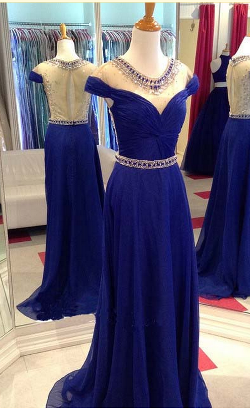 Royal Blue Sheer Beaded Ruched Chiffon A-line Long Prom Dress, Evening Dress Featuring Keyhole Sheer Back