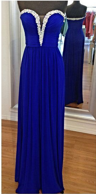 Royal Blue Beading Prom Dresses, Sweetheart Floor-length Prom Dresses, Real Made Evening Dresses