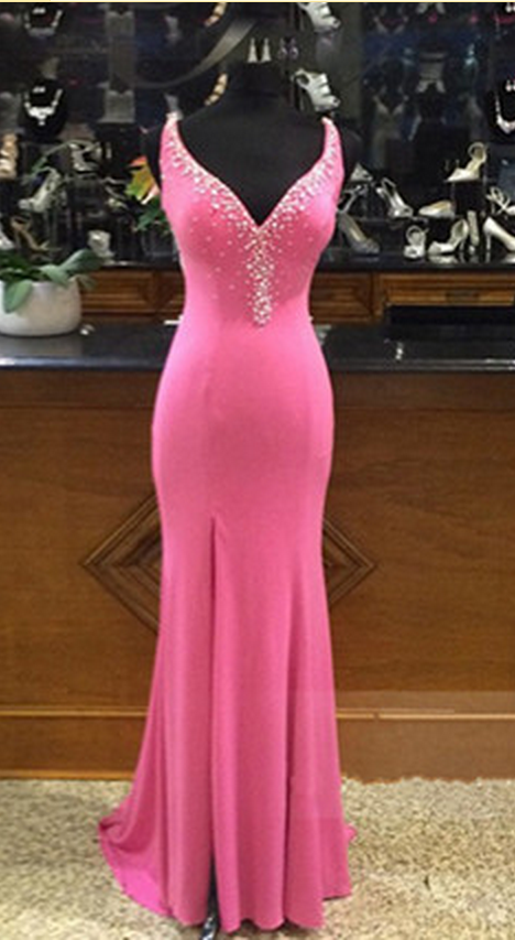 Sleeveless V-neck Beaded Mermaid Floor-length Prom Dress, Evening Dress Featuring Sheer Back