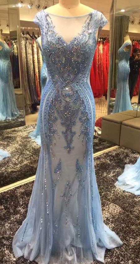 Blue Sheer V-neck Beaded Mermaid Long Prom Dress, Evening Dress
