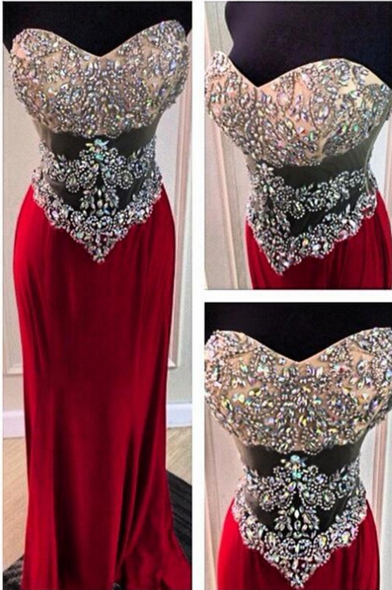 Sexy Red Sweetheart Neck Crystal Long Prom Dresses ,evening Dresses