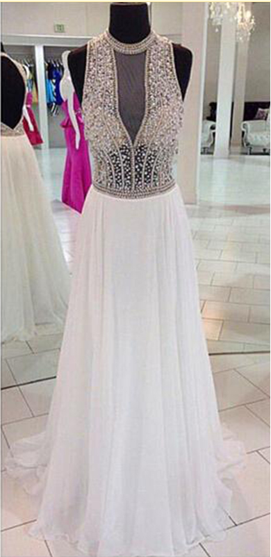Long Elegant White Prom Dresses, Luxury Beaded Prom Dresses,white Evening Dresses
