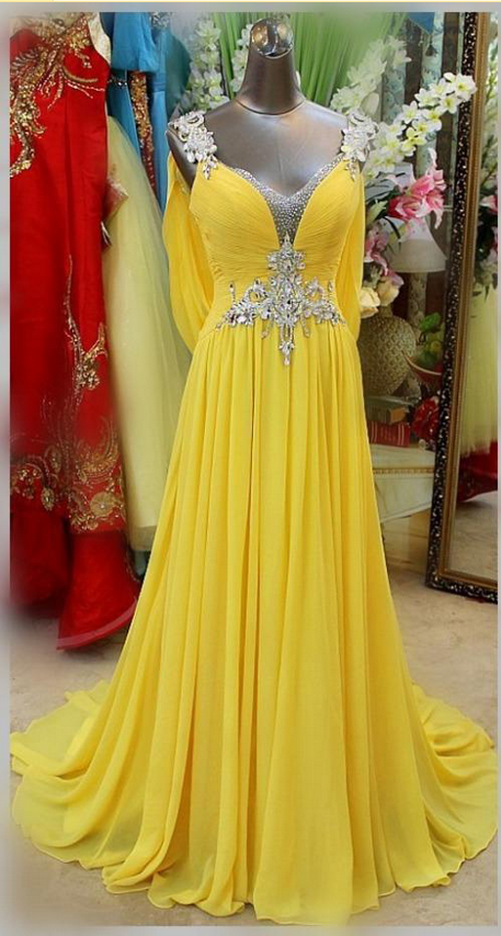 Backless Prom Dresses,long Crystal Beading Dresses, Yellow Evening Dresses, Formal Dresses