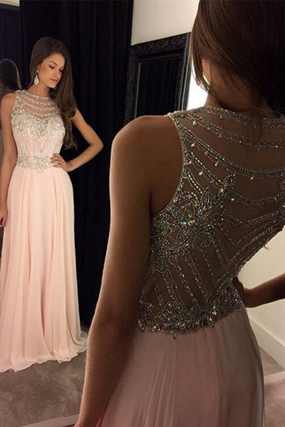 Sparkling Beading Prom Dresses,Pink Long Evening Dress Chiffon Dress