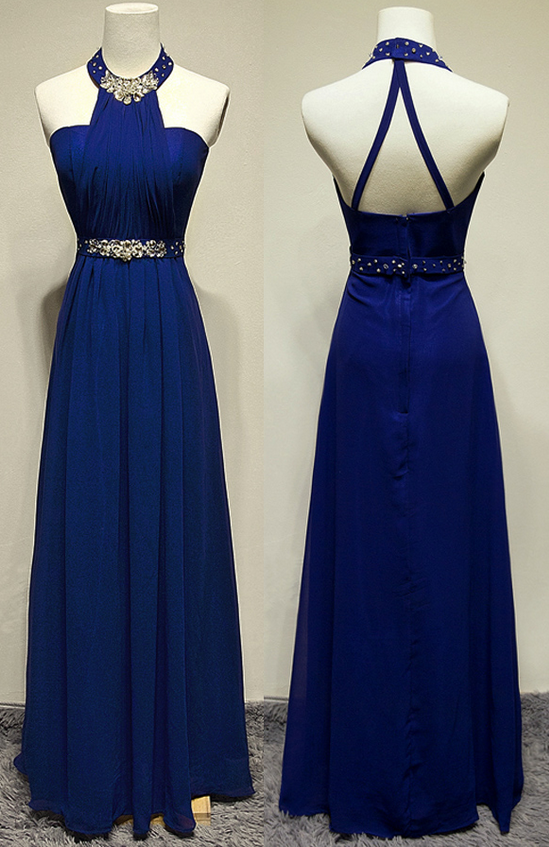 High Neck Royal Blue Chiffon Prom Dresses , Party Dresses, Evening Dresses