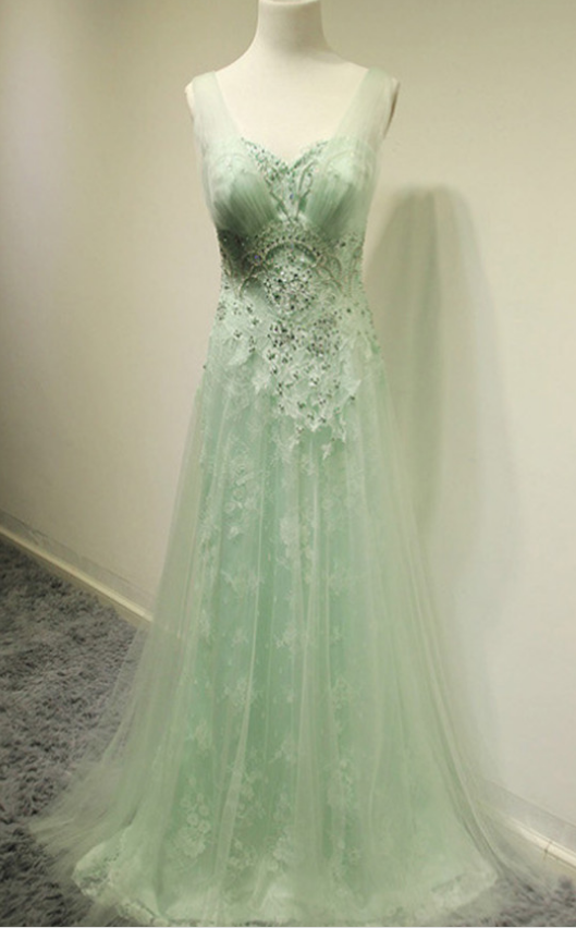 Mint Green Sleeveless Lace Appliqués A-line Long Prom Dress, Evening Dress