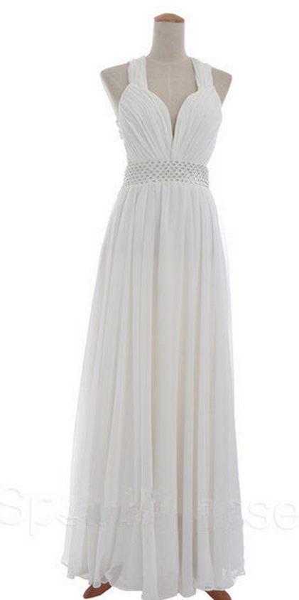 White Sweetheart Ruched Beaded A-line Floor-length Prom Dress, Evening Dress With Shoulder Straps