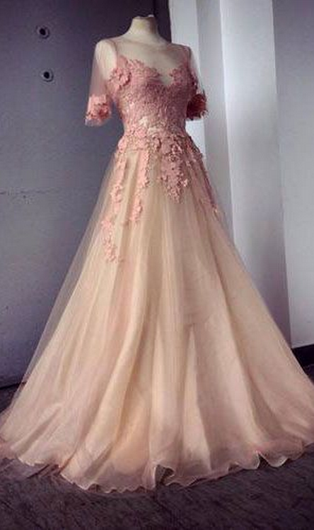 Pink Prom Dresses,applique Chiffon Prom Dress,evening Dresses