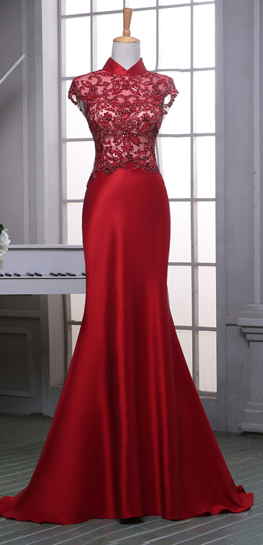 High Neck Vintage Red Lace Evening Dress, Long Evening Dress, Cap Sleeve Evening Gowns, Formal Dress,