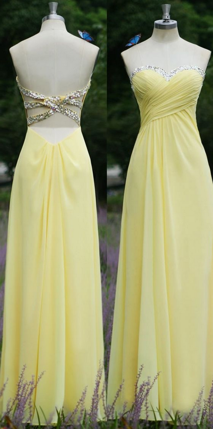 Yellow Long Chiffon Prom Dresses With Crystals Party Dresses
