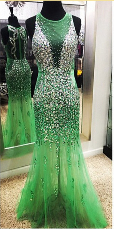 Mermaid High Neck Green See Through Long Tulle Prom Dresses,evening Dresses