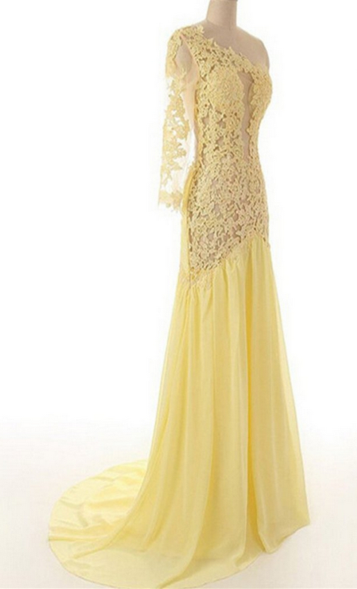 Lace Chiffon Daffodil Long Prom Dresses Evening Dresses