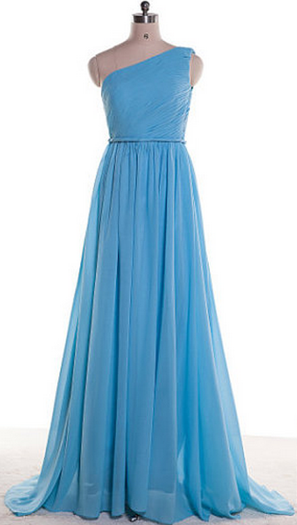 Long Evening Dress,one Shoulder Evening Formal Dresses,blue Chiffon Evening Gown