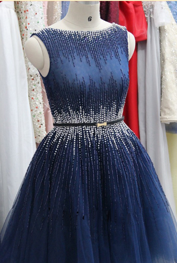 strapless open back dress Dark blue beaded Short Prom Dress, Homecoming Dress – shdress main image 1