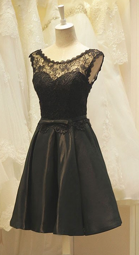 A-line Crew Neck Black Satin Homecoming Dress With Lace,short Homecoming Dresses
