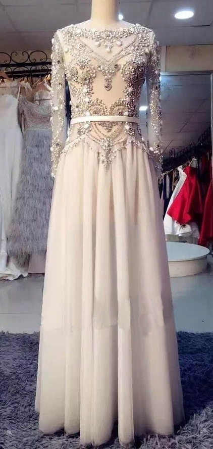 Ivory Tulle Long Sleeves Beading Rhinestone Long Prom Dresses,evening Dresses