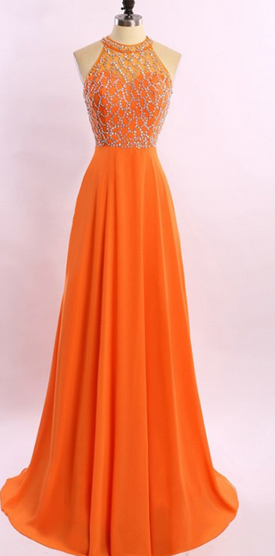 A Line Princess Orange Chiffon Prom Dresses,high Neck Long Prom Dress,see Through Back Beads Evening Dress