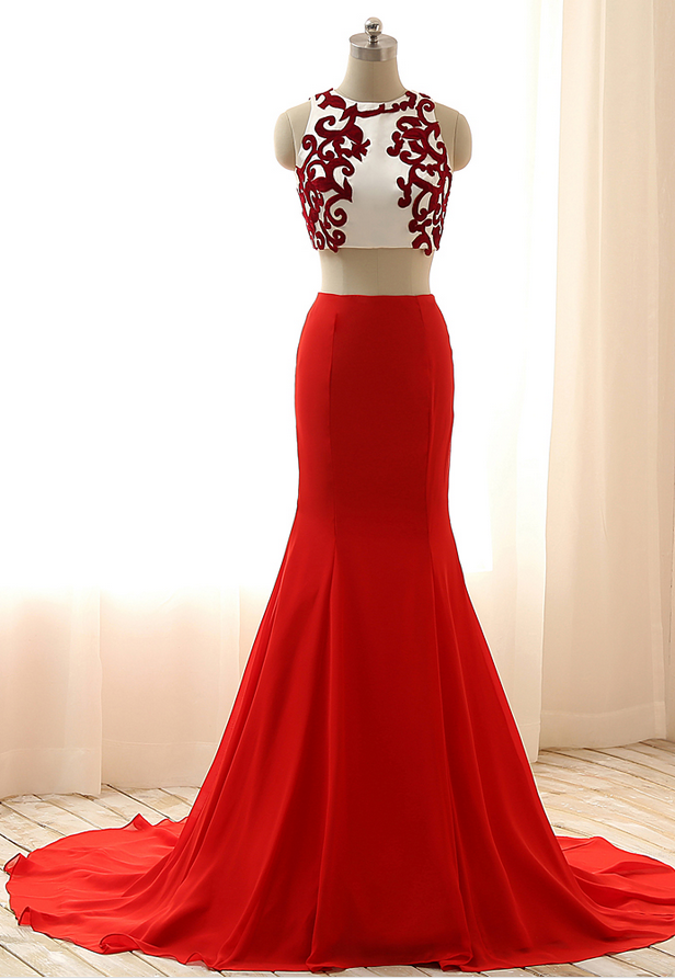 Red Two-piece Mermaid Long Prom Dress, Evening Dress