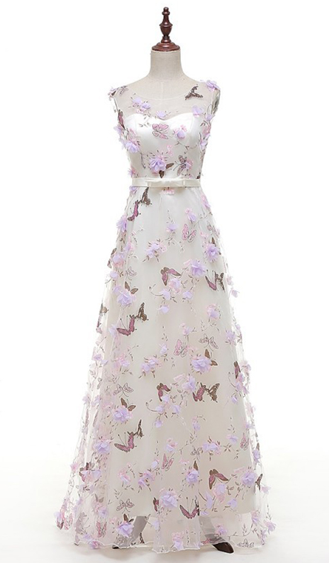 Sleeveless Sheer Floral Appliqués Floor-length A-line Prom Dress, Evening Dress