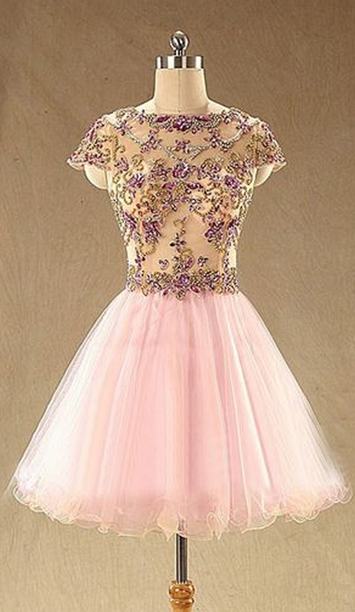 Bateau Cap-sleeved Floral Beaded Tulle Short Homecoming Dress, Cocktail Dress, Party Dress