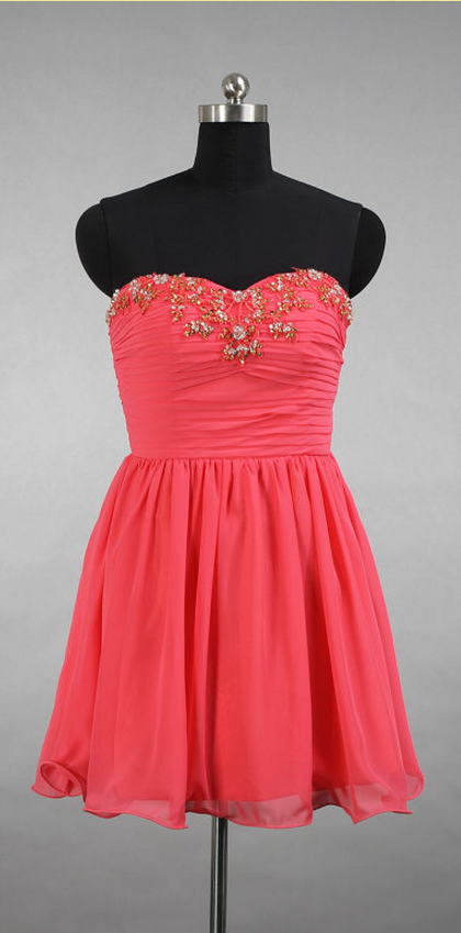Red Short Chiffon Homecoming Dresses Sweetheart Beaded Party Dresses