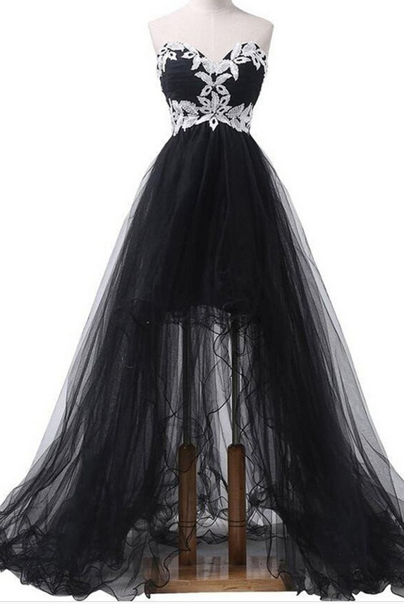 A-line Long Homecoming Dress,sweetheart Homecoming Gowns,sweep Train Black Organza Prom Dress, Evening Dress With Appliques