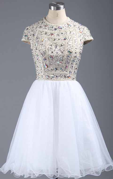 Sparkling Crystal Beaded Short Homecoming Dress, Champagne And White Tulle Homecoming Dress