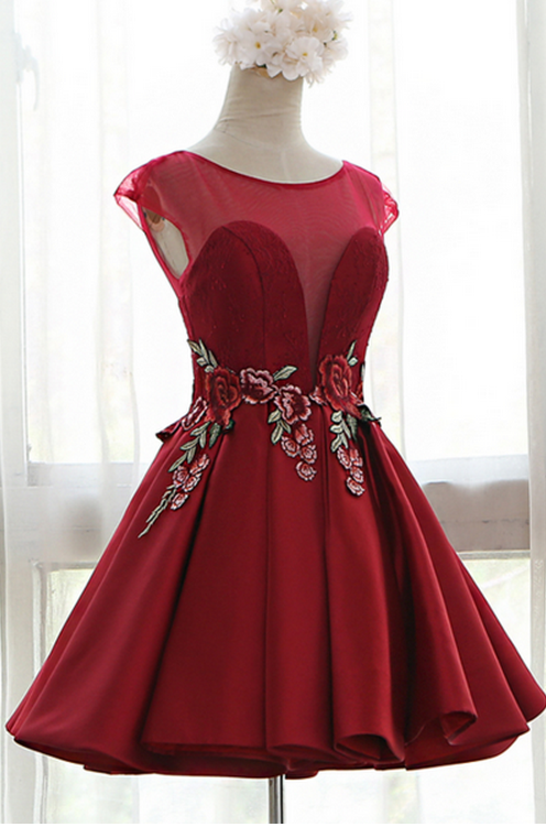 Red Sweetheart Illusion Cap Sleeves Floral Embroidery A-line Pleated Dress With Open Back And Lace-up Detailing