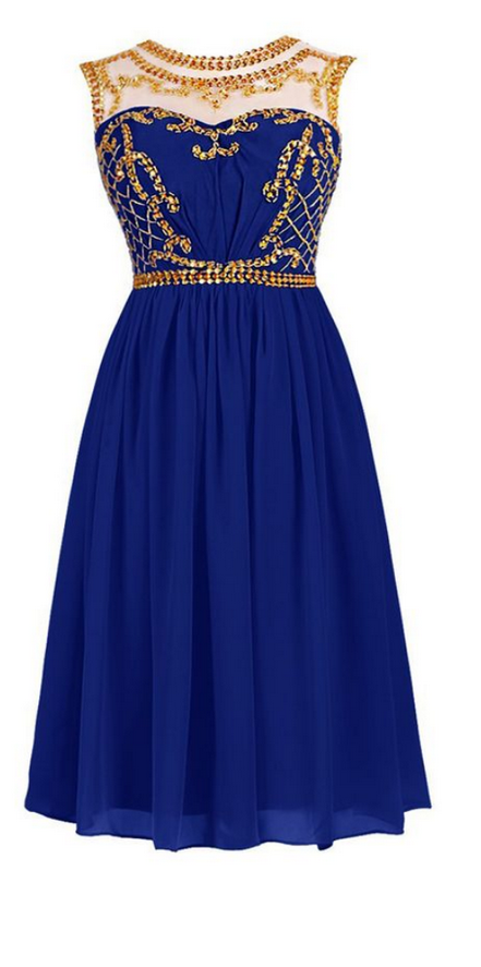 Royal Blue Short Homecoming Dress With Illusion Neckline And Gold Sequin Embellishment
