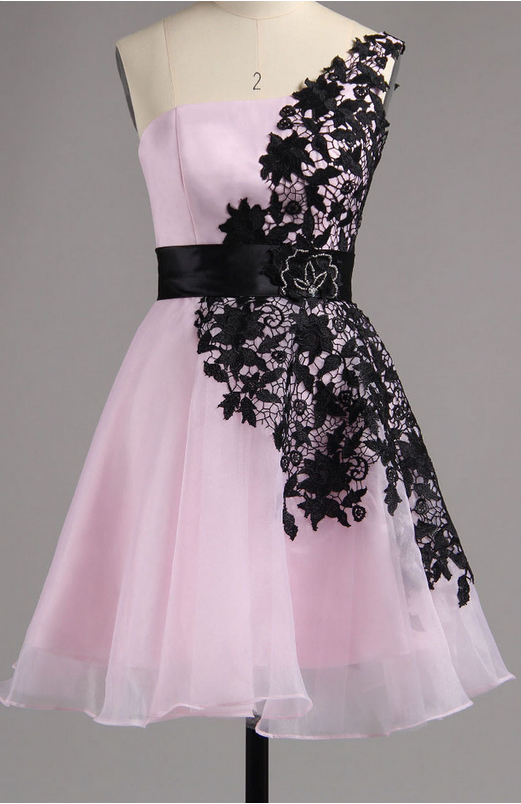 Asymmetric Pink Homecoming Dress With Black Ribbon, One Shoulder Tulle Homecoming Dress,
