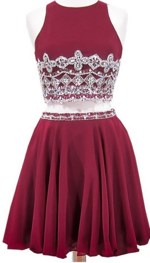Grade Prom Party Dresses A-line Scoop Sleeveless Beaded Crystals Burgundy Chiffon Two Piece Short Homecoming Dress