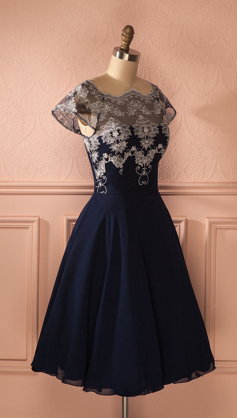 Navy Chiffon Homecoming Dresses, Lace Homecoming Dresses, Cap Sleeve Homecoming Dresses