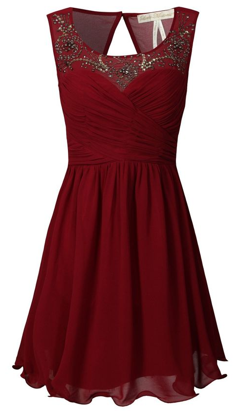 Burgundy A-line Sweetheart Chiffon Short Evening Dress With Beaded Illusion Neckline