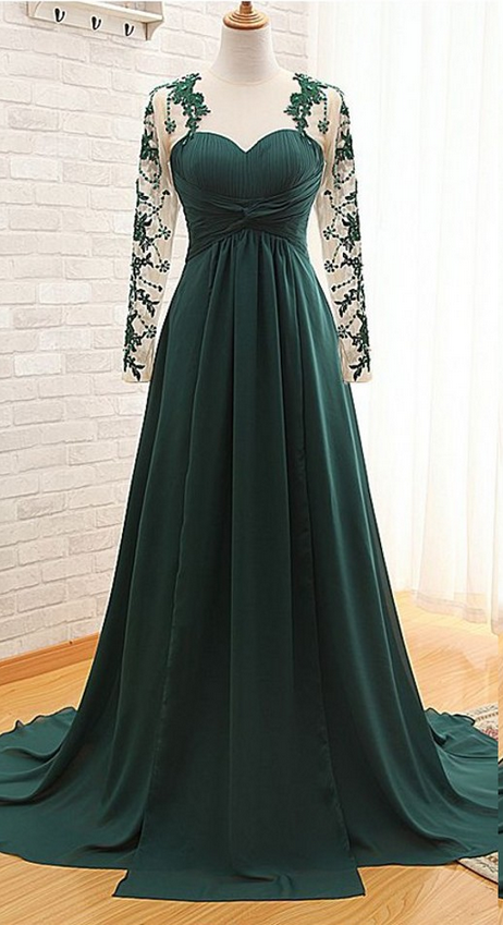 Dark Green Sexy Illusion Long Sleeves Mother Of The Bride Groom Dresses Long Chiffon Evening Dress
