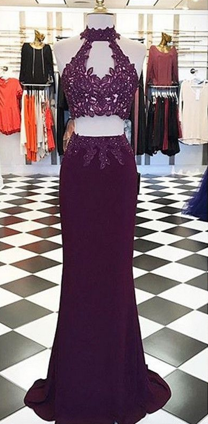 Mermaid Prom Dress - High Neck Keyhole Open Back Lace-up Appliques Beading