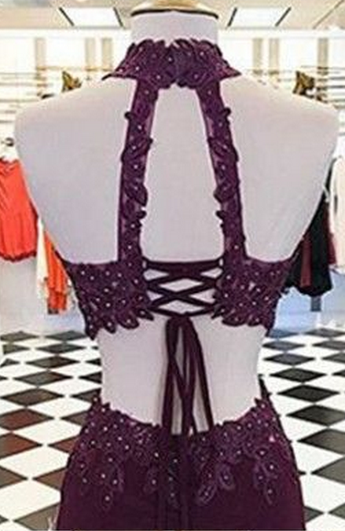 Mermaid Scoop Open Back Lace Prom Dresses With Beadings LBQ0247