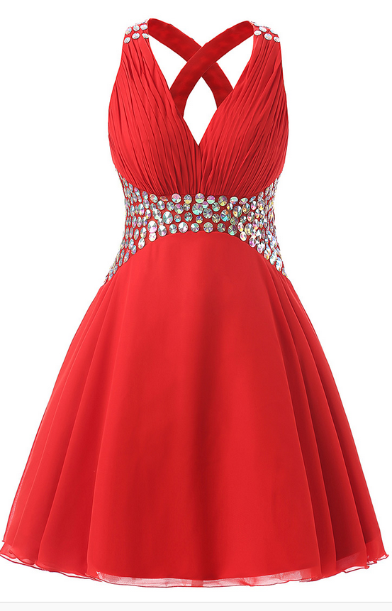 Simple Red Short Chiffon Knee Length Beaded Homecoming Dresses